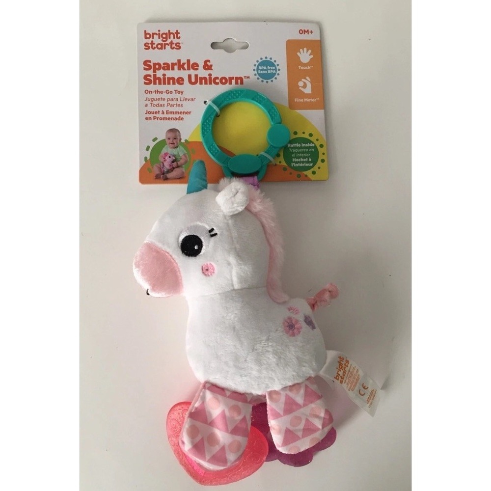 Bright Starts Sparkle & Shine Unicorn Rattle Teether On-the-Go Clip Toy‎ NEW